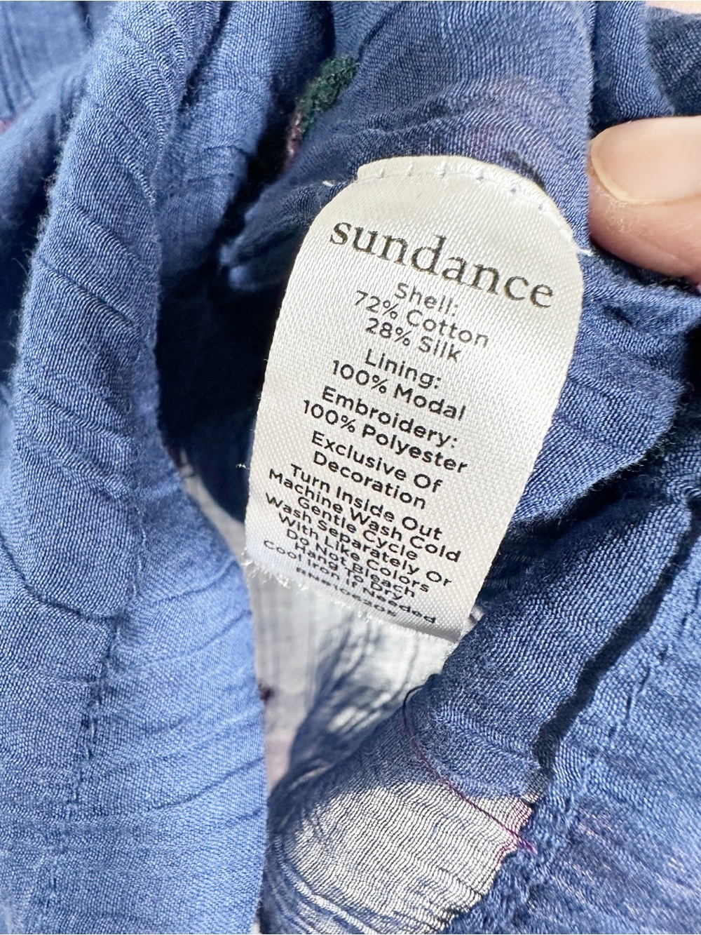 Sundance Navy Embroidered Peasant Floral Sleeve Silk Cotton Blend Blouse Top L - Picture 7 of 7